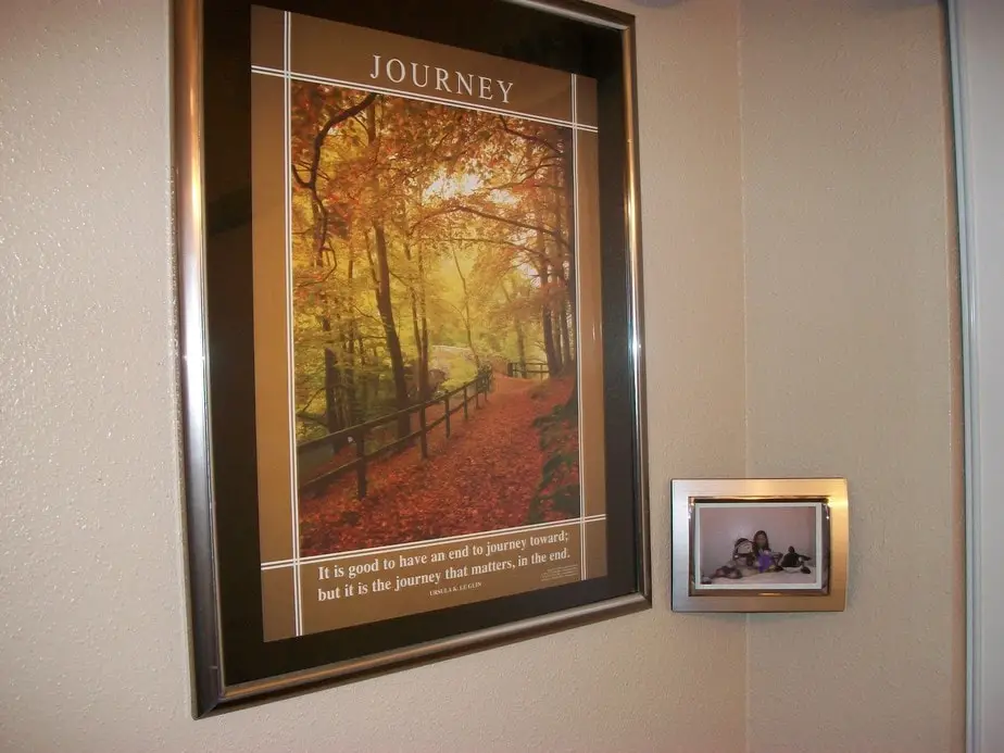 Picture held to wall in corner by tension