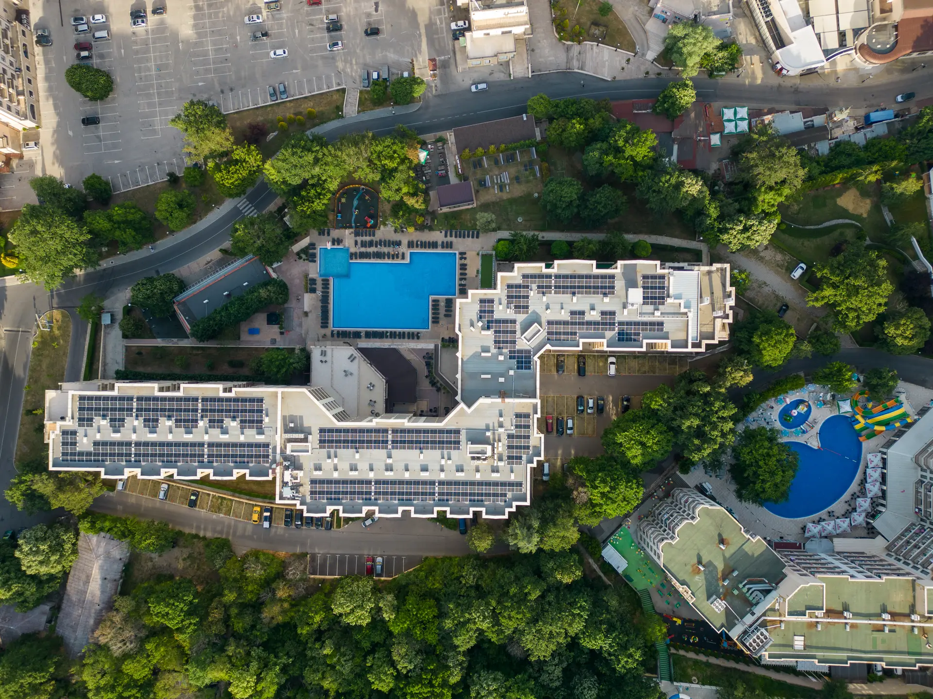 Ariel view of hotel complex as designed for security and safety.