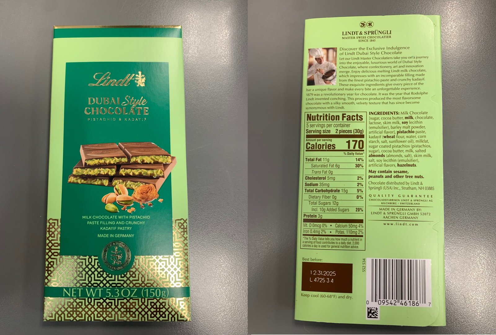 Lindt's Dubai chocolate bar with ingredients listed